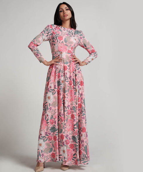 Long Sleeve Printed Chiffon Maxi Dress